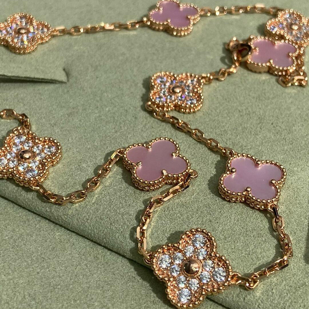 [Kismet Jewels ]CLOVER 10 MOTIFS DIAMOND PINK MOP NECKLACE
