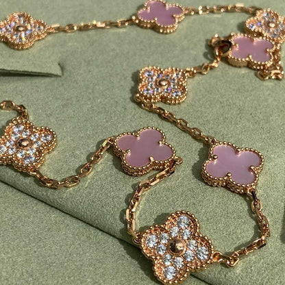 [Kismet Jewels ]CLOVER 10 MOTIFS DIAMOND PINK MOP NECKLACE
