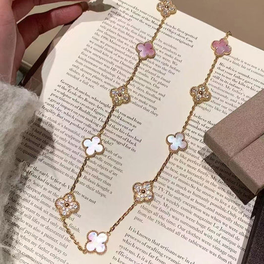 [Kismet Jewels ]CLOVER 20 MOTIFS DIAMOND PINK MOP NECKLACE