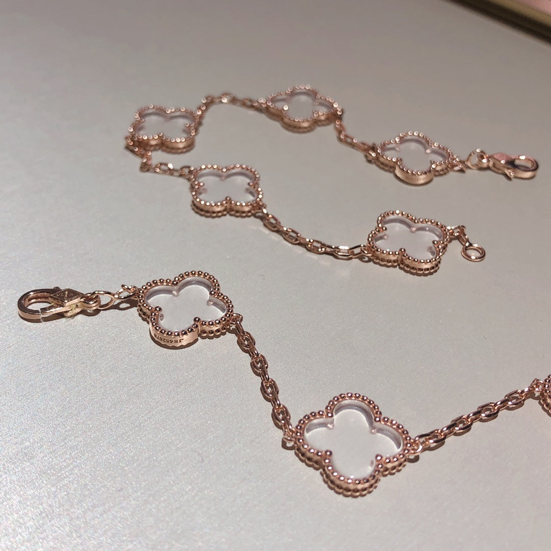 [Kismet Jewels ]CLOVER 5 MOTIF ROCK CRYSTAL PINK GOLD BRACELET