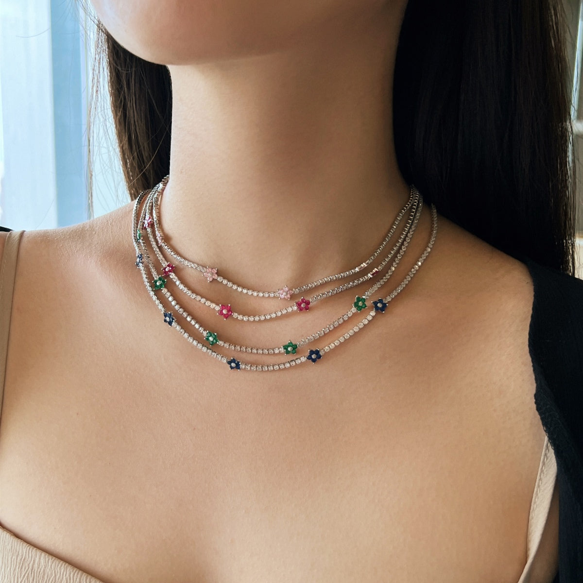 [Kismet Jewels ]Luxurious Colorful Flower Tennis Necklace