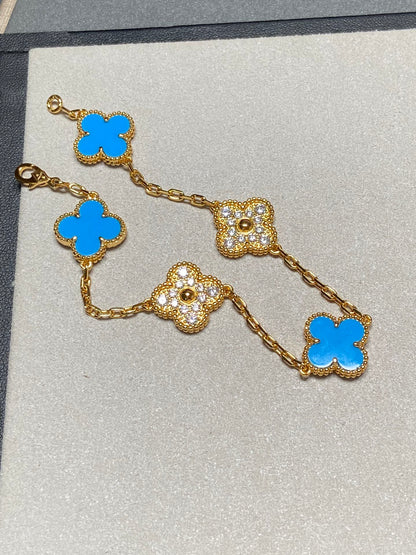 [Kismet Jewels ]CLOVER 5 MOTIF BLUE CHALCEDONY DIAMOND GOLD BRACELET