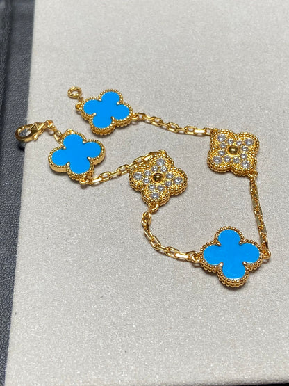 [Kismet Jewels ]CLOVER 5 MOTIF BLUE CHALCEDONY DIAMOND GOLD BRACELET