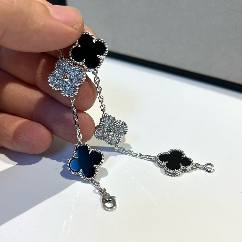 [Kismet Jewels ]CLOVER 5 MOTIF ONYXS DIAMOND BRACELET SILVER