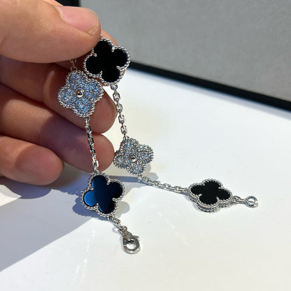 [Kismet Jewels ]CLOVER 5 MOTIF ONYXS DIAMOND BRACELET SILVER