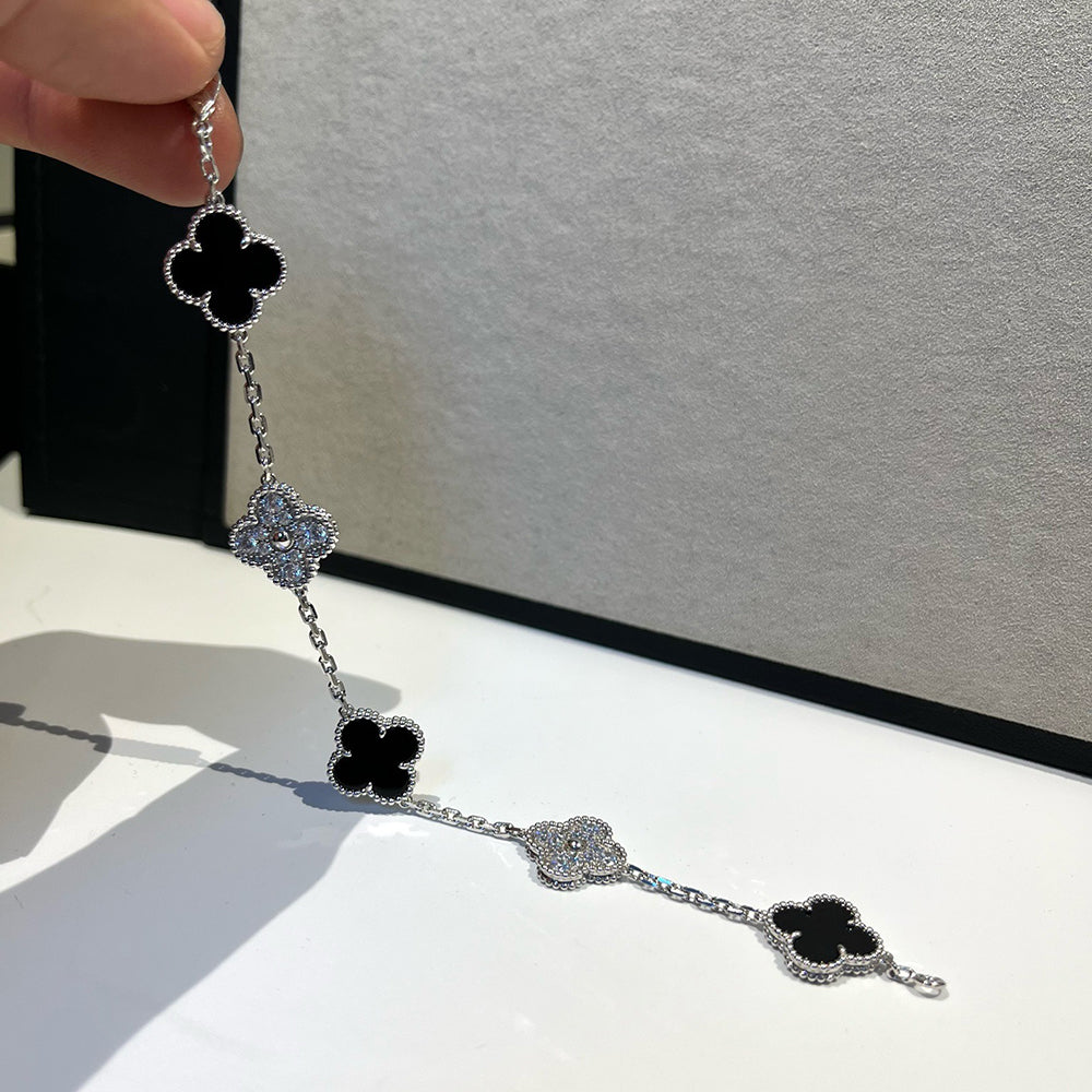 [Kismet Jewels ]CLOVER 5 MOTIF ONYXS DIAMOND BRACELET SILVER